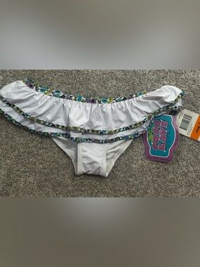 Coco Rave White Ruffle Bikini Bottoms with Floral Trim